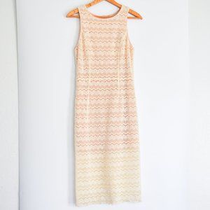 Anthropologie Lace Dress Bodycon Fitted Sleeveless Champagne and Strawberry midi